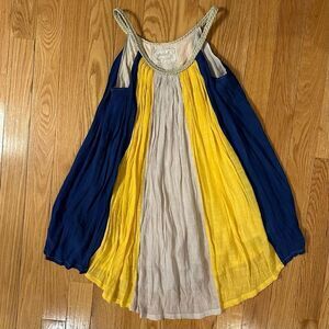 Suncoo Paris sz S- lined halter swing mini dress- yellow tan navy